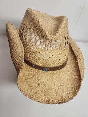 STETSON Straw Cowboy Hat with Turquoise Accent - Natural -Country Concert Rodeo